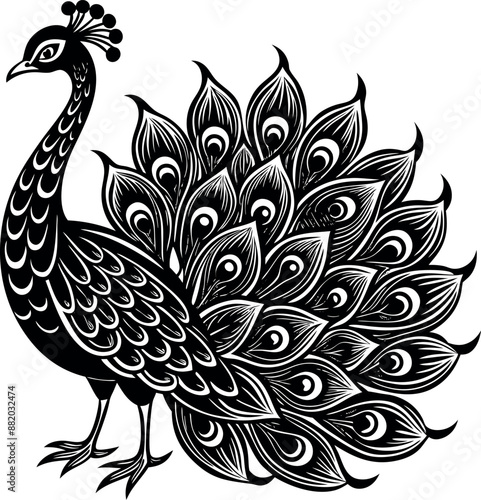 Monochrome peacock. Animal bird vector illustration, peafowl art design