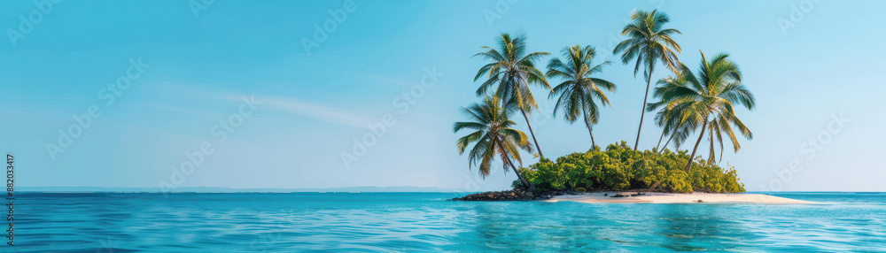 Obraz premium Small tropical island with lush palm trees surrounded by turquoise ocean water under a clear blue sky.