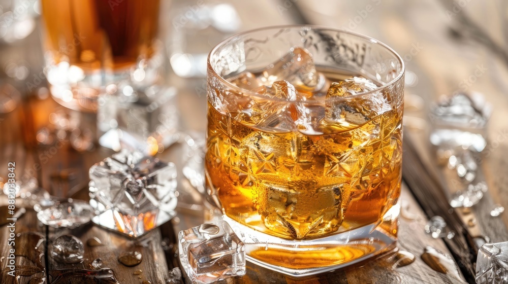Whiskey cocktail with ice on a wooden table Whiskey cocktail with ice on a wooden table