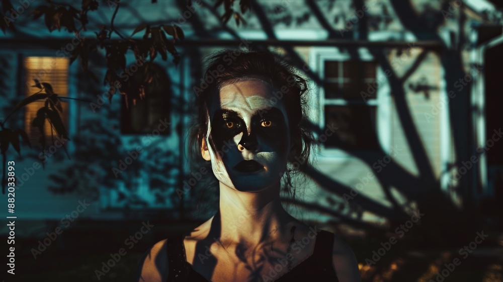 Eerie halloween makeup woman stands in spooky night scene with house and tree shadows Eerie halloween makeup woman stands in spooky night scene with house and tree shadows