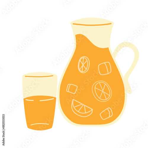 An illustration of lemonade. A jug and a glass of lemon juice.