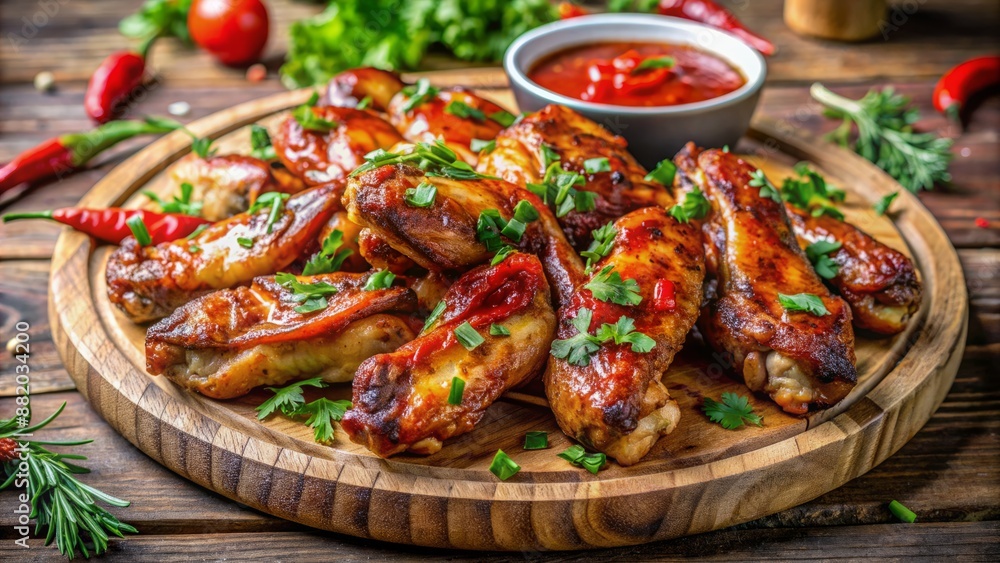 Savory platter of succulent grilled chicken wings smothered in vibrant spicy sauce, garnished with fresh herbs, served on a modern rustic wooden plate. Savory platter of succulent grilled chicken wings smothered in vibrant spicy sauce, garnished with fresh herbs, served on a modern rustic wooden plate.