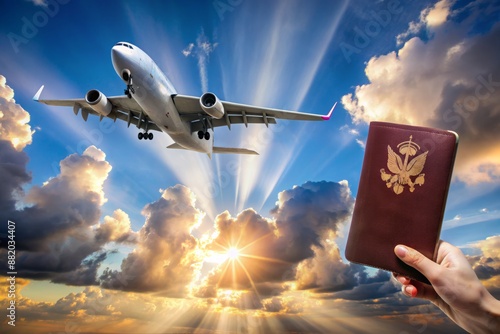 Passport against the background of an airplane flying in the sky. Air travel, tourism and travel concept. photo