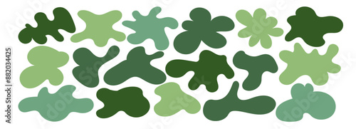 Abstract vector graphic of irregular, asymmetric green blob. Organic form resembles a tree or shrub. A liquid-like spot and fluid splashes create an uneven, unique view, like a melting eco-landscape
