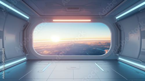 Fototapeta Naklejka Na Ścianę i Meble -  Interior view of spacecraft with sunset over clouds.