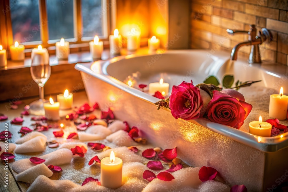 Serenity-filled scene featuring a luxurious bubble bath, surrounded by rose petals and soft candlelight, evoking feelings of pampering and indulgent relaxation. Serenity-filled scene featuring a luxurious bubble bath, surrounded by rose petals and soft candlelight, evoking feelings of pampering and indulgent relaxation.