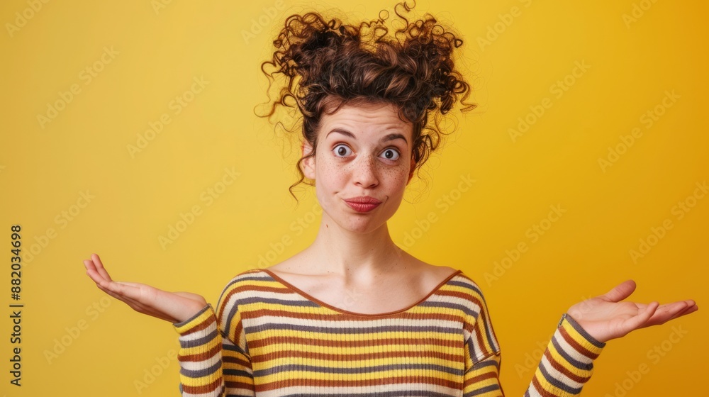 Photo of speechless woman with curly hair dressed striped top indicating at object isolated on yellow color background Photo of speechless woman with curly hair dressed striped top indicating at object isolated on yellow color background
