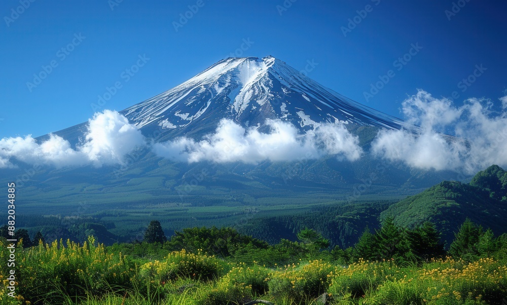 Mountain path to snow top on nature landscape with fresh air and green grass Mountain path to snow top on nature landscape with fresh air and green grass