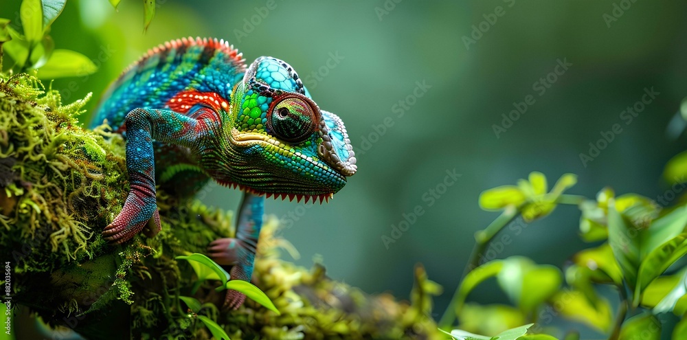 Obraz premium A colorful chameleon, with its skin patterned in vibrant hues of green and blue, perched on moss-covered branches amidst the lush rainforest. 