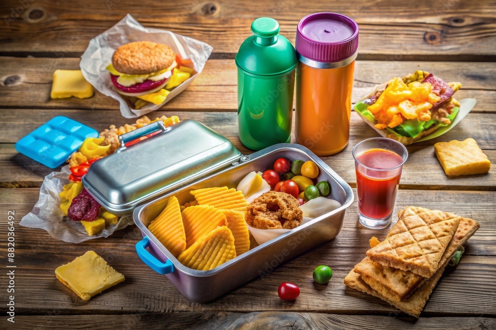 Colorful lunchbox and thermos on a school desk surrounded by crumpled up wrappers of fried food, sugary snacks, and empty juice boxes, chaos of childhood indulgence. Colorful lunchbox and thermos on a school desk surrounded by crumpled up wrappers of fried food, sugary snacks, and empty juice boxes, chaos of childhood indulgence.