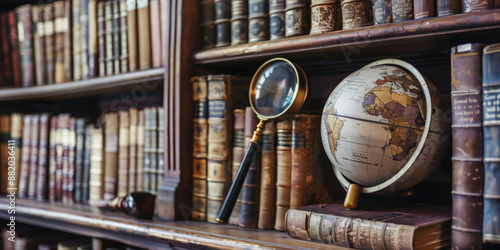 Tidy library shelf with books, a globe, and a magnifying glass on top photo