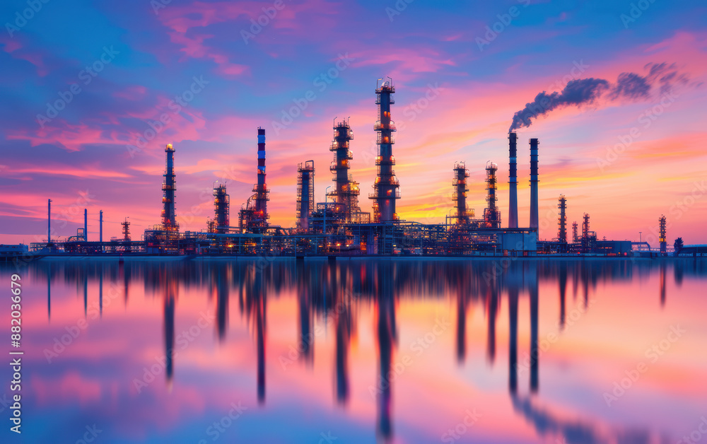 Industrial refinery with tall chimneys silhouetted against a vibrant sunset, reflecting on calm water, showcasing the blend of industry and nature. Industrial refinery with tall chimneys silhouetted against a vibrant sunset, reflecting on calm water, showcasing the blend of industry and nature.