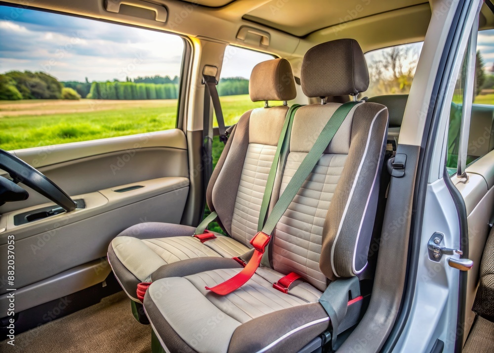 Unattended vehicle parked roadside, empty backseat visible, seatbelt stretched across, conveying important safety message of correct usage for young travelers. Unattended vehicle parked roadside, empty backseat visible, seatbelt stretched across, conveying important safety message of correct usage for young travelers.