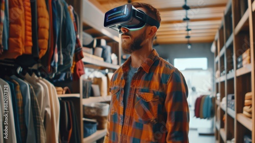 An augmented reality shopping experience where customers use AR glasses to visualize products in their home environment, with interactive holographic displays enhancing the shopping journey