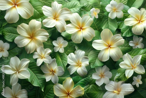 Plumeria Flowers and Green Leaves