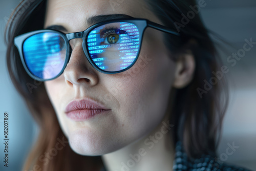 Woman wearing glasses reflecting computer code, focused expression, technology, and cybersecurity concept, close-up.