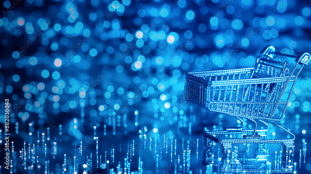 A glowing digital shopping cart on a futuristic blue digital background with light particles A glowing digital shopping cart on a futuristic blue digital background with light particles