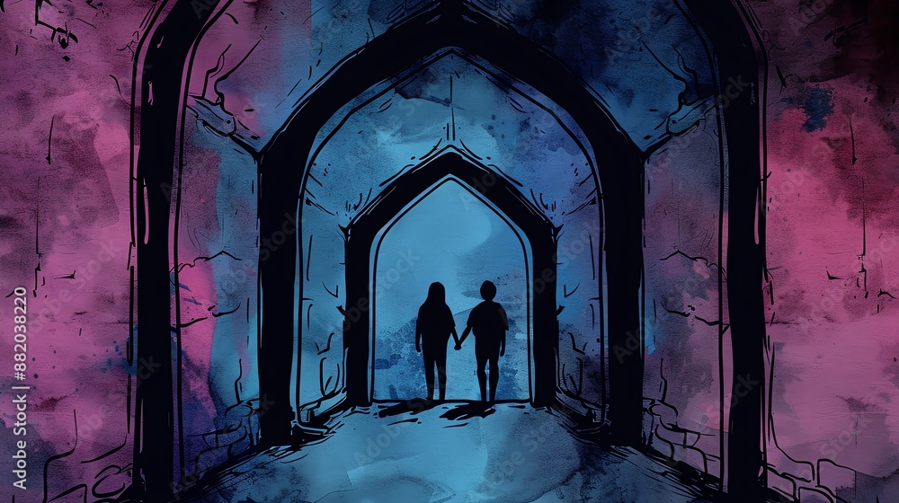 Whimsical school corridor, students walking through magical portals, Watercolor style, , Whimsical school corridor, students walking through magical portals, Watercolor style, ,