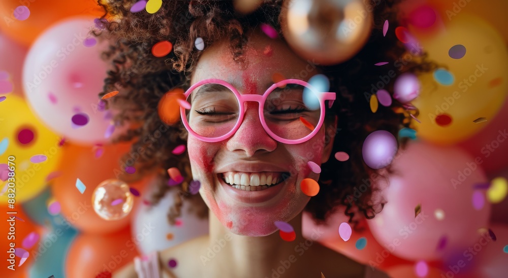 Woman Smiles With Confetti And Balloons At Birthday Party Woman Smiles With Confetti And Balloons At Birthday Party