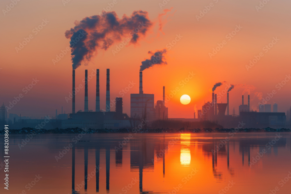 Industrial skyline with factory smokestacks emitting smoke at sunset, creating a striking reflection on the water surface in a calm, serene setting. Industrial skyline with factory smokestacks emitting smoke at sunset, creating a striking reflection on the water surface in a calm, serene setting.
