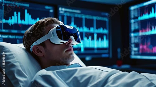 This is a video of a person wearing a virtual reality headset while lying in a hospital bed. photo