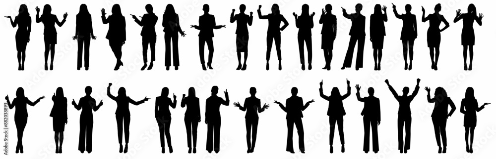 Fototapeta premium silhouettes of women, a group of standing business people, black and white color isolated on white background