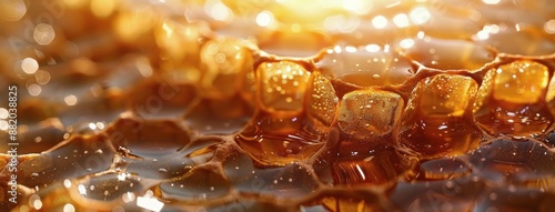Close-Up View of Honeycomb Filled With Golden Honey in the Sunlight