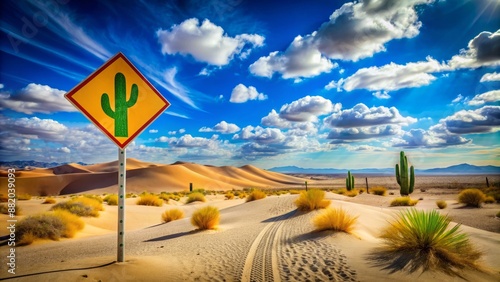 Vibrant colorful sign stands alone on a desert road, surrounded by cacti and vast expanse of sandy dunes, under a bright blue sky with few clouds.