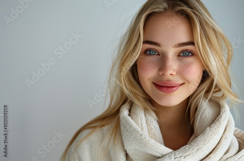 Young Woman With Blonde Hair Smiling in White Shirt