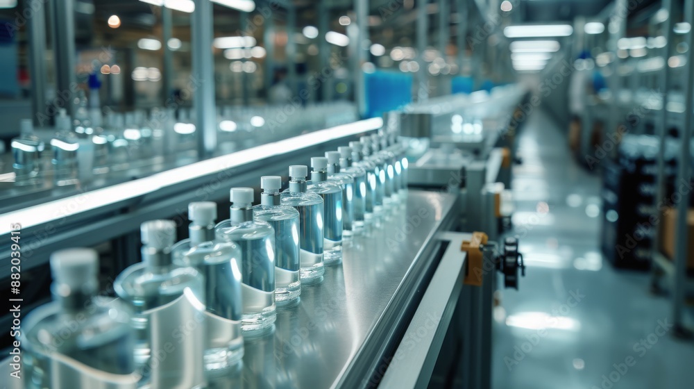 Fototapeta premium Bottles of Liquid Moving on a Conveyor Belt in a Modern Manufacturing Facility