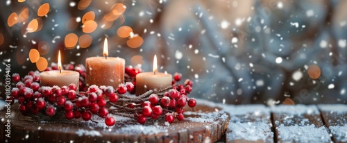 Burning Candles In A Snowy Winter Wreath