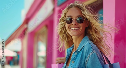 Blonde Woman Walking With Shopping Bags and Sunglasses in a Pink and Yellow U...