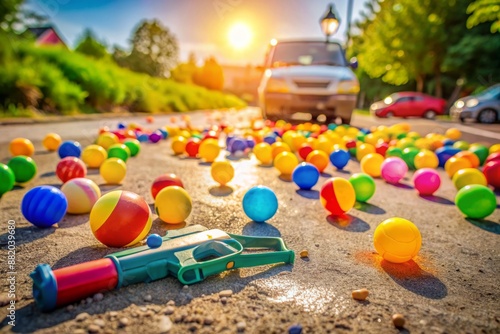 Wallpaper Mural Colorful water pistol lies abandoned on sunny sidewalk surrounded by scattered toy cars and bright beach balls, evoking carefree childhood summer fun. Torontodigital.ca