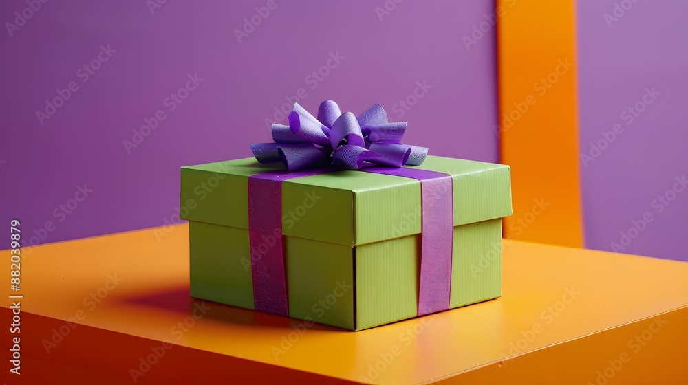 Bright green colored cardboard box with purple bow and ribbons placed on orange table against violet background. Bright green colored cardboard box with purple bow and ribbons placed on orange table against violet background.