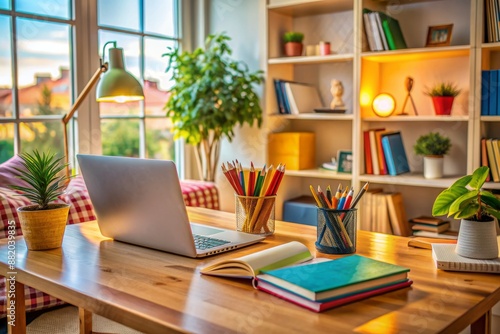 Wallpaper Mural Cozy study area with colorful textbooks, pencils, and a laptop, surrounded by childhood mementos, conveying a sense of warmth and supportive learning environment. Torontodigital.ca