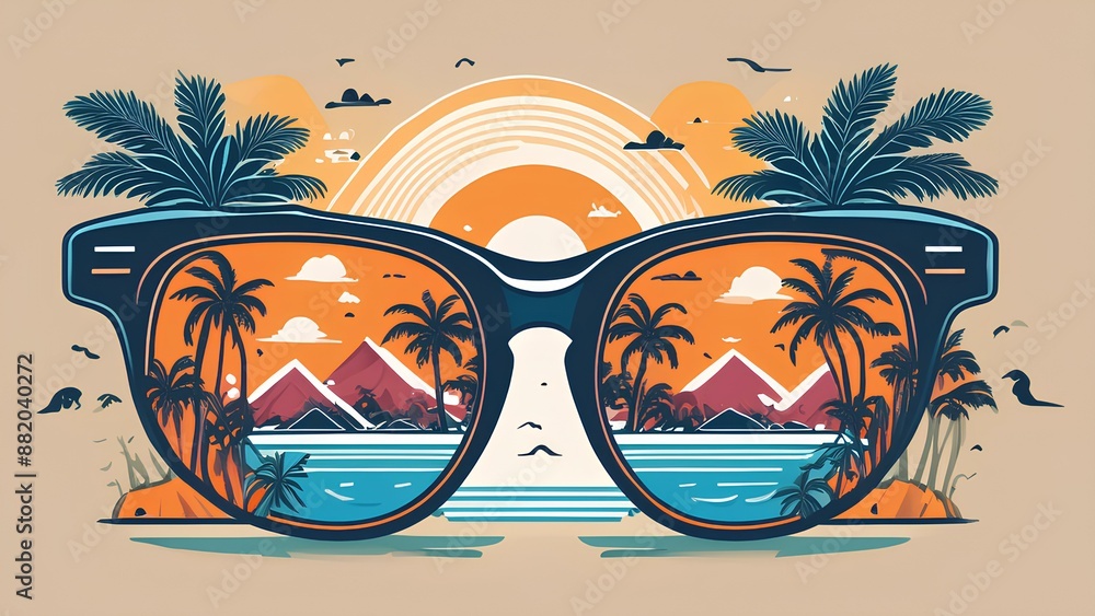 Concept: Summer mood, atmosphere for relaxation. Illustrations of sunglasses on a background of palm trees, beach and sea. Background for prints and banners on the theme of sunny summer. Concept: Summer mood, atmosphere for relaxation. Illustrations of sunglasses on a background of palm trees, beach and sea. Background for prints and banners on the theme of sunny summer.