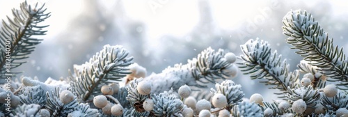 Snowy Pine Branches With White Berries Bordering White Background
