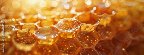 Close-Up View of Honeycomb Filled With Golden Honey in the Sunlight