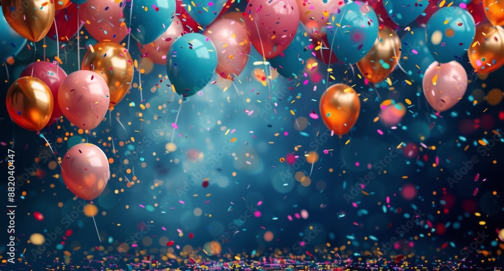 Colorful Balloons and Confetti Falling Against a Blue Background Colorful Balloons and Confetti Falling Against a Blue Background