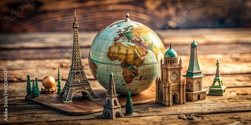 Vintage-style globe and miniature landmarks such as Eiffel Tower, Pyramids, and Taj Mahal placed on a distressed wooden table, evoking a sense of adventure and exploration.