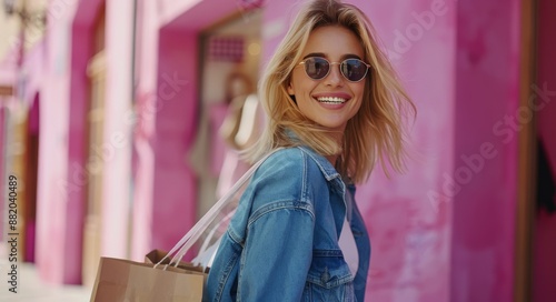 Happy Woman Shopping In Front of Pink Wall