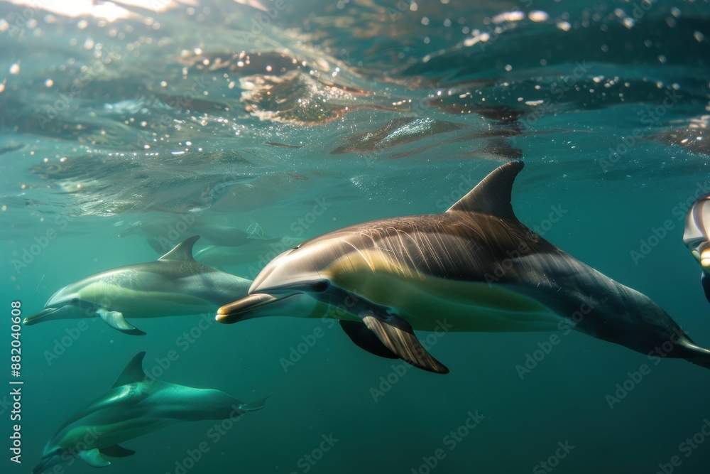 Obraz premium Dolphins Swimming Underwater in Clear Ocean
