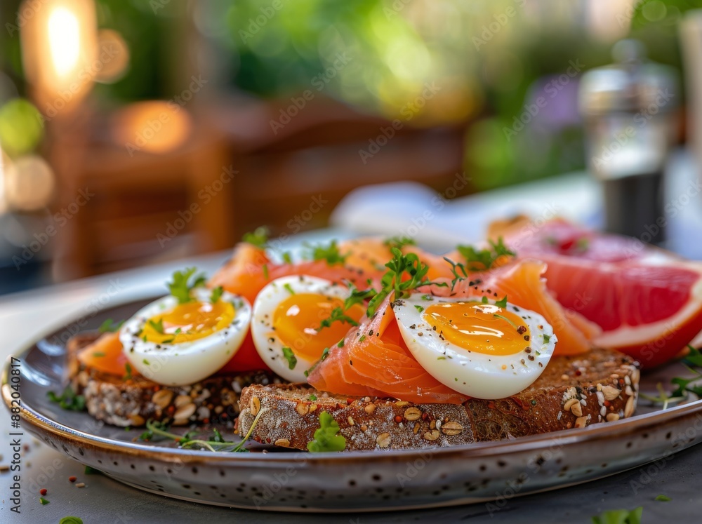 Close Up of Boiled Egg and Smoked Salmon Toast With Thyme and Spices Close Up of Boiled Egg and Smoked Salmon Toast With Thyme and Spices