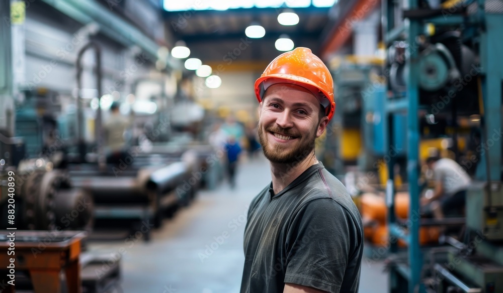 Portrait of a smiling, happy employee. Young technician with orange hard hat indoors in a factory. Portrait of a smiling, happy employee. Young technician with orange hard hat indoors in a factory.