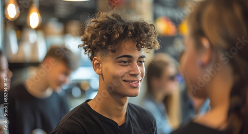 Young Woman Smiles at Two Men in a Bar at Night