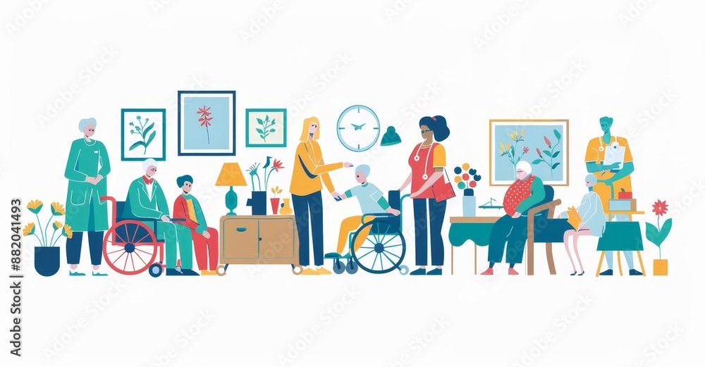 The idea of elder care set, with nursing assistance and resources for assisted living, is depicted in this modern illustration. Collection and group of retirement professional support items with The idea of elder care set, with nursing assistance and resources for assisted living, is depicted in this modern illustration. Collection and group of retirement professional support items with
