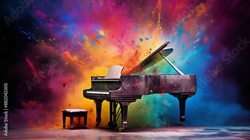 grand piano on colorful watercolor background