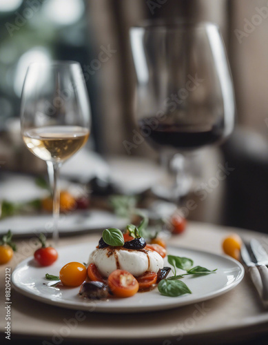 Burrata with heirloom tomatoes and aged balsamic on a pristine white plate with a glass of Prosecco in a luxury Italian eatery 