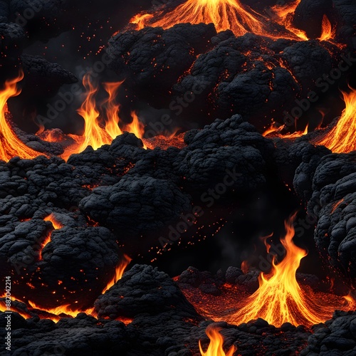 molten lava in a pitch-black total blackness background.