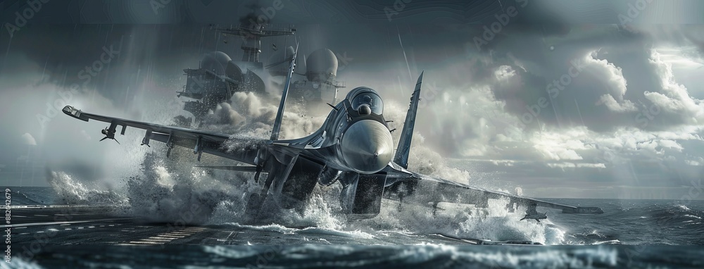 The poster features an aerial view of a generic military aircraft carrier with fighter jets taking off during a special operation in a war zone, with tons of copy space The poster features an aerial view of a generic military aircraft carrier with fighter jets taking off during a special operation in a war zone, with tons of copy space